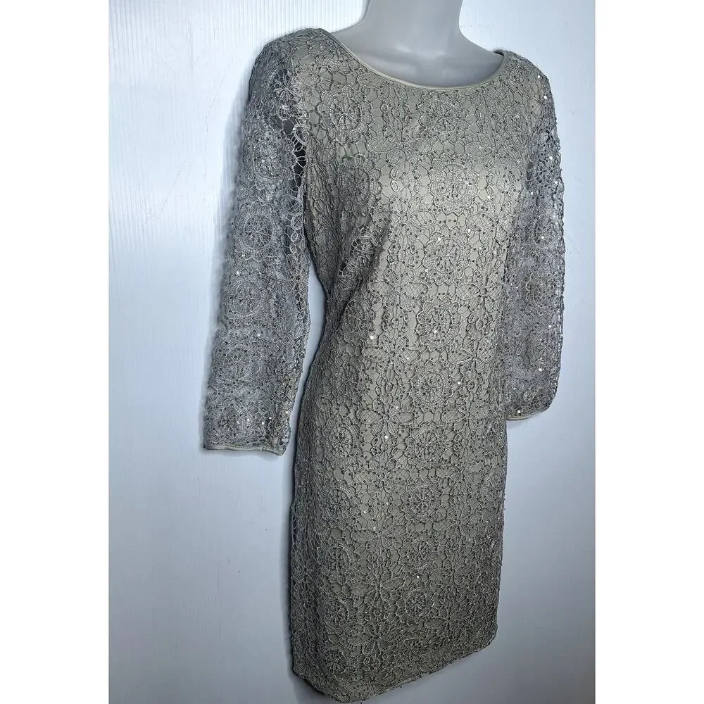 Adrianna Papell Lace Overlay Dress Metallic Sequin Long Sleeve 12 Formal Evening